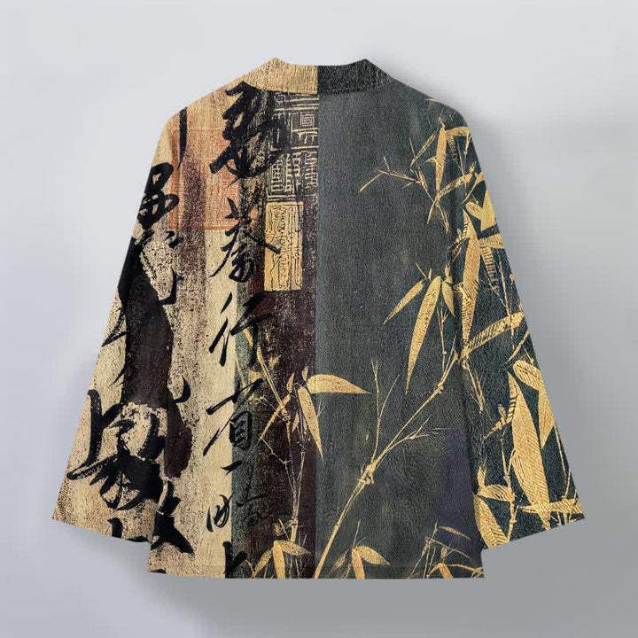 Buddha Stones Kimono da uomo in cotone con motivo a bambù e calligrafia zen, aperto sul davanti. - image 11