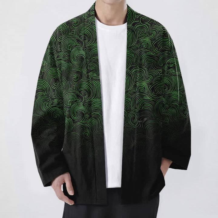 Buddha Stones Kimono da uomo in cotone con motivo a spirale sfumato e apertura frontale. - Verde scuro - US/UK/AU48, EU58 (4XL) - image 0