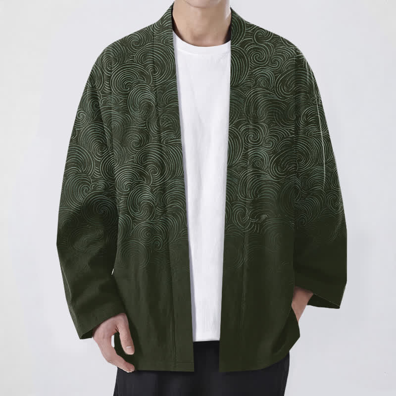 Buddha Stones Kimono da uomo in cotone con motivo a spirale sfumato e apertura frontale. - Verde oliva scuro - US/UK/AU48, EU58 (4XL) - image 6