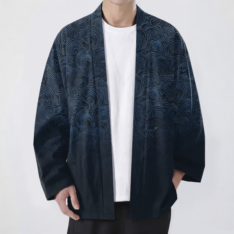 Buddha Stones Kimono da uomo in cotone con motivo a spirale sfumato e apertura frontale. - Marina - US/UK/AU48, EU58 (4XL) - image 9