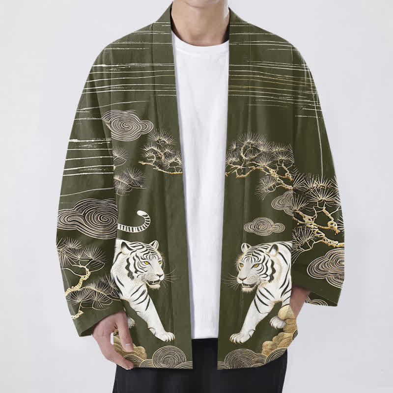 Buddha Stones Kimono da uomo in cotone bianco con motivo a nuvole e pino, aperto sul davanti. - Oliva - US/UK/AU48, EU58 (4XL) - image 0