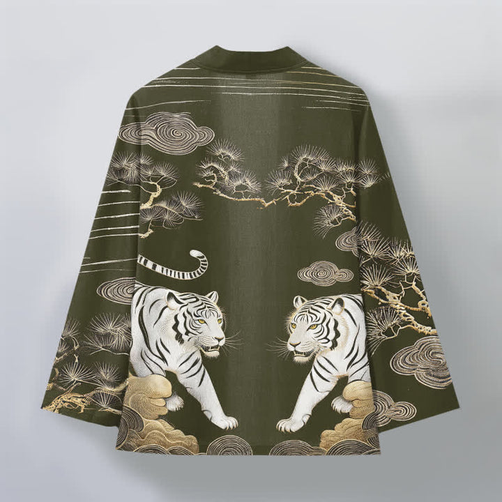 Buddha Stones Kimono da uomo in cotone bianco con motivo a nuvole e pino, aperto sul davanti. - image 2