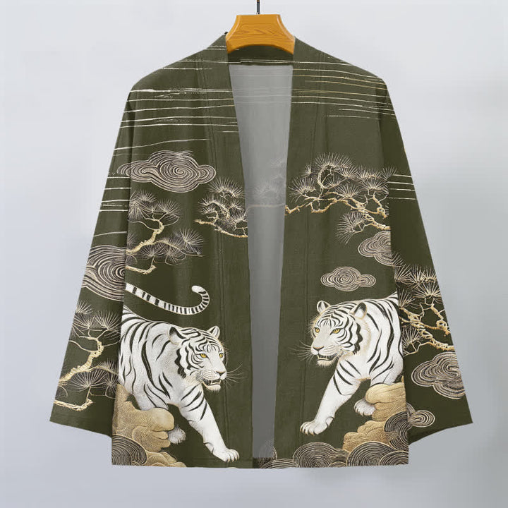Buddha Stones Kimono da uomo in cotone bianco con motivo a nuvole e pino, aperto sul davanti. - image 1