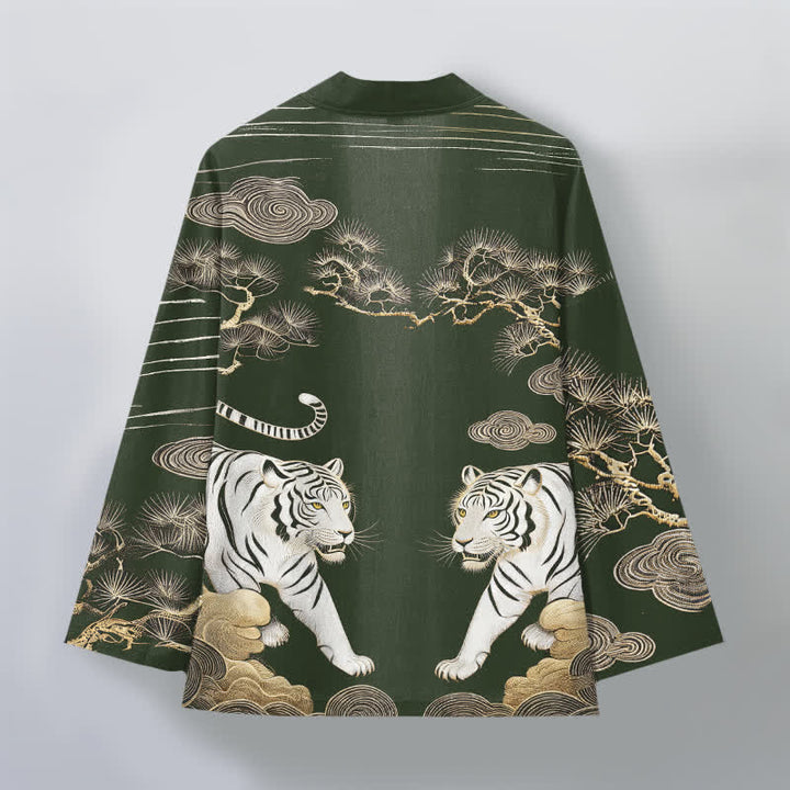 Buddha Stones Kimono da uomo in cotone bianco con motivo a nuvole e pino, aperto sul davanti. - image 8