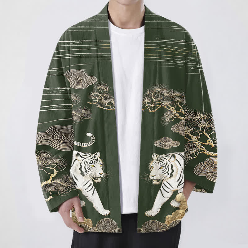 Buddha Stones Kimono da uomo in cotone bianco con motivo a nuvole e pino, aperto sul davanti. - Verde scuro - US/UK/AU48, EU58 (4XL) - image 6