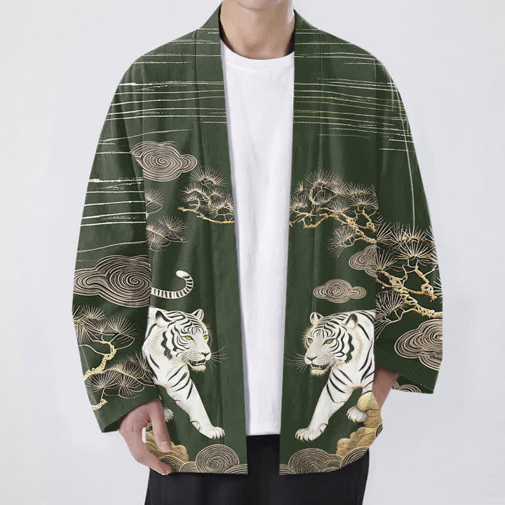 Buddha Stones Kimono da uomo in cotone bianco con motivo a nuvole e pino, aperto sul davanti. - Verde scuro - US/UK/AU48, EU58 (4XL) - image 6