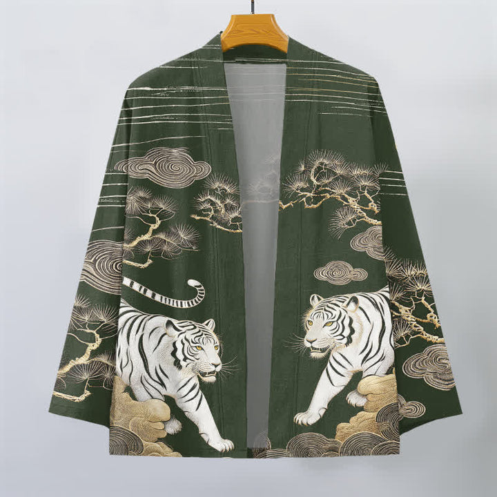 Buddha Stones Kimono da uomo in cotone bianco con motivo a nuvole e pino, aperto sul davanti. - image 7