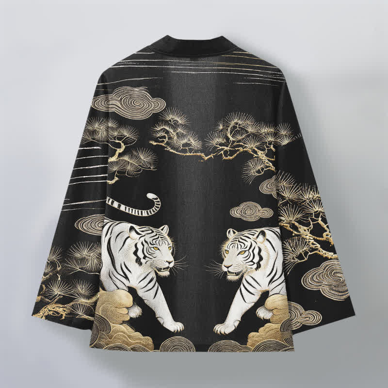 Buddha Stones Kimono da uomo in cotone bianco con motivo a nuvole e pino, aperto sul davanti. - image 11