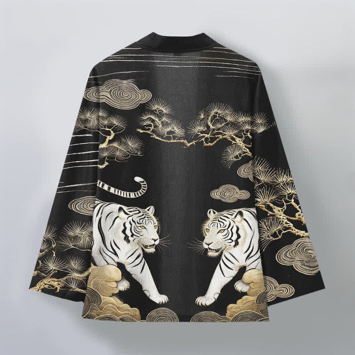 Buddha Stones Kimono da uomo in cotone bianco con motivo a nuvole e pino, aperto sul davanti. - image 11