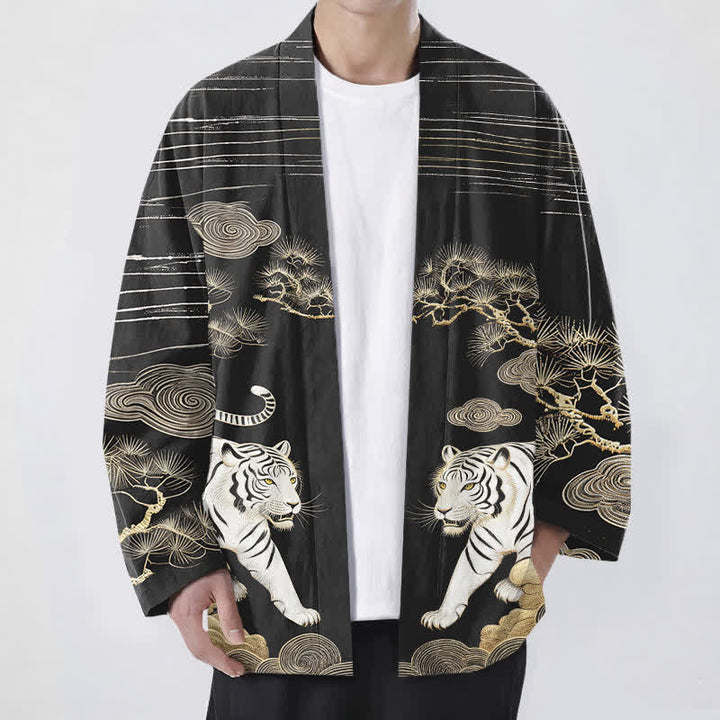 Buddha Stones Kimono da uomo in cotone bianco con motivo a nuvole e pino, aperto sul davanti. - Nero - US/UK/AU48, EU58 (4XL) - image 9