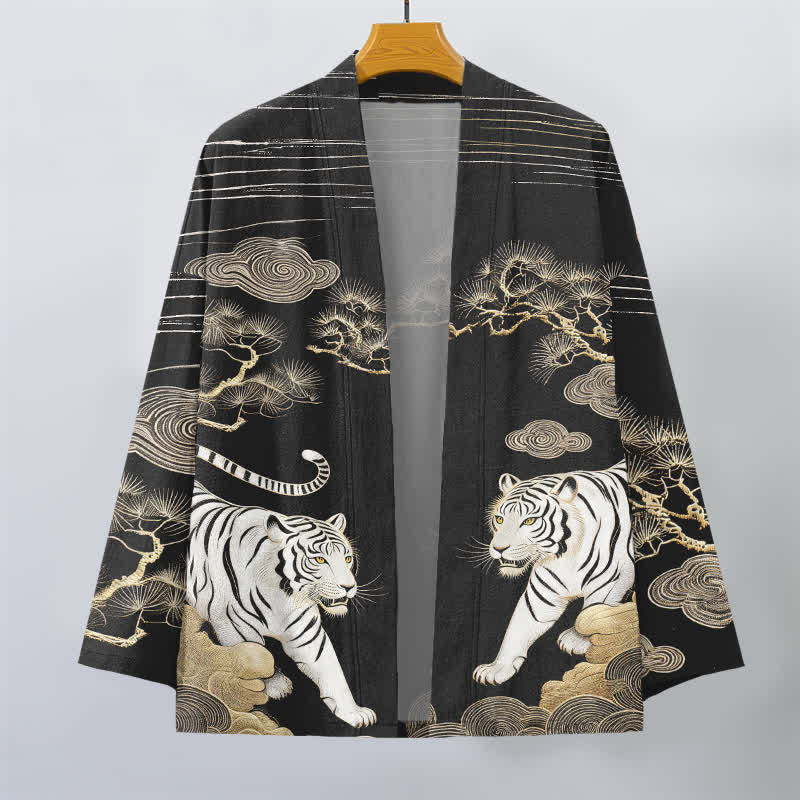 Buddha Stones Kimono da uomo in cotone bianco con motivo a nuvole e pino, aperto sul davanti. - image 10