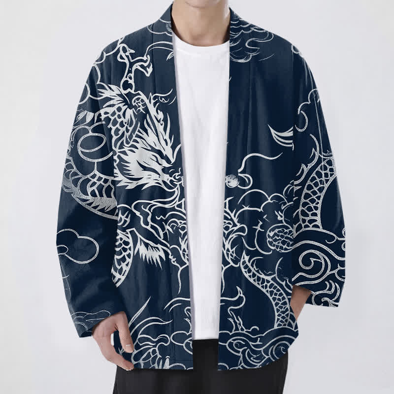 Buddha Stones Kimono da uomo in cotone con motivo tradizionale drago e nuvole, aperto sul davanti. - Marina - US/UK/AU48, EU58 (4XL) - image 0