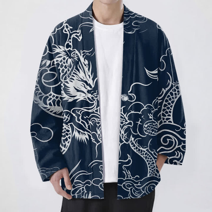 Buddha Stones Kimono da uomo in cotone con motivo tradizionale drago e nuvole, aperto sul davanti. - Marina - US/UK/AU48, EU58 (4XL) - image 0