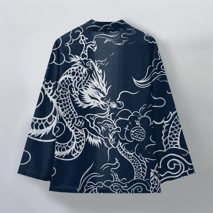 Buddha Stones Kimono da uomo in cotone con motivo tradizionale drago e nuvole, aperto sul davanti. - image 2