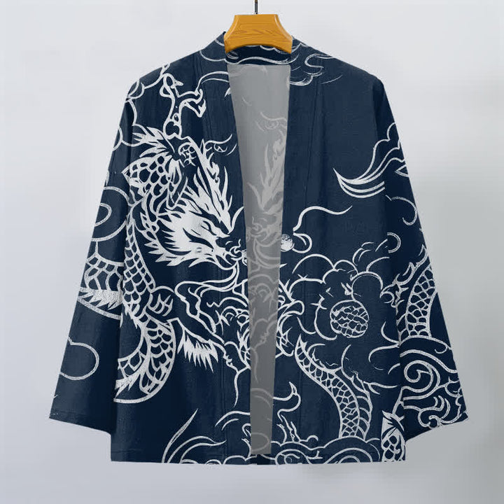 Buddha Stones Kimono da uomo in cotone con motivo tradizionale drago e nuvole, aperto sul davanti. - image 1