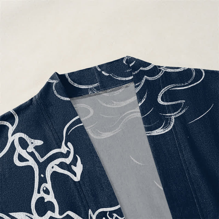 Buddha Stones Kimono da uomo in cotone con motivo tradizionale drago e nuvole, aperto sul davanti. - image 3