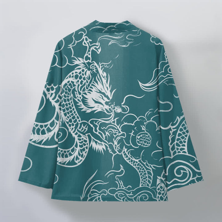 Buddha Stones Kimono da uomo in cotone con motivo tradizionale drago e nuvole, aperto sul davanti. - image 8
