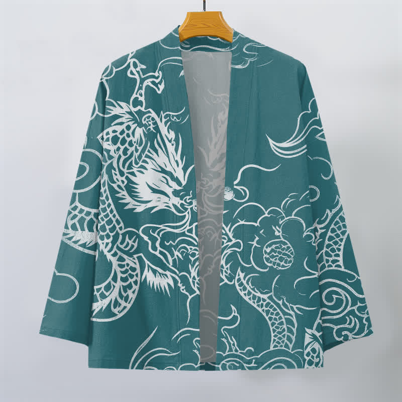 Buddha Stones Kimono da uomo in cotone con motivo tradizionale drago e nuvole, aperto sul davanti. - image 7