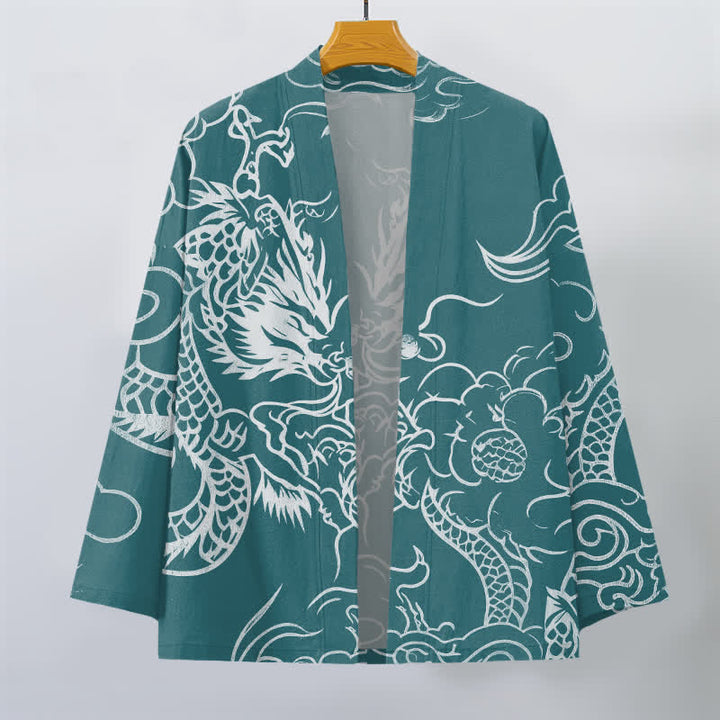Buddha Stones Kimono da uomo in cotone con motivo tradizionale drago e nuvole, aperto sul davanti. - image 7
