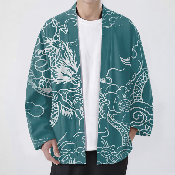 Buddha Stones Kimono da uomo in cotone con motivo tradizionale drago e nuvole, aperto sul davanti. - Verde acqua - US/UK/AU48, EU58 (4XL) - image 6