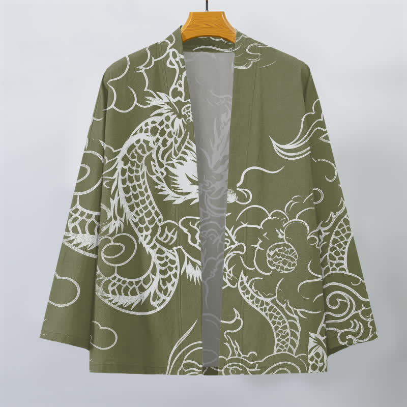 Buddha Stones Kimono da uomo in cotone con motivo tradizionale drago e nuvole, aperto sul davanti. - image 10
