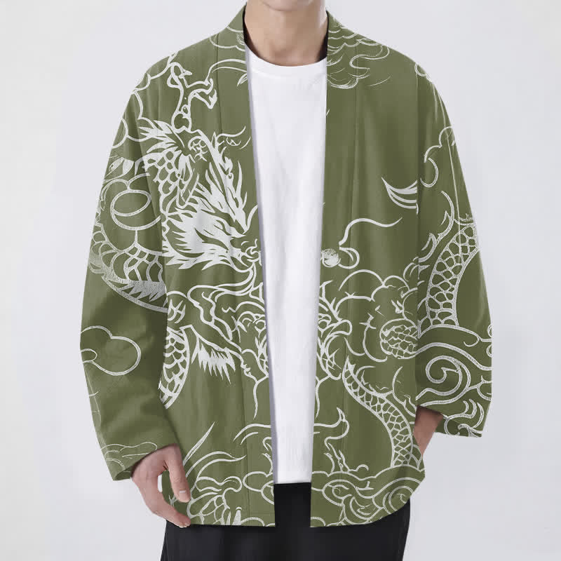 Buddha Stones Kimono da uomo in cotone con motivo tradizionale drago e nuvole, aperto sul davanti. - Verde oliva - US/UK/AU48, EU58 (4XL) - image 9
