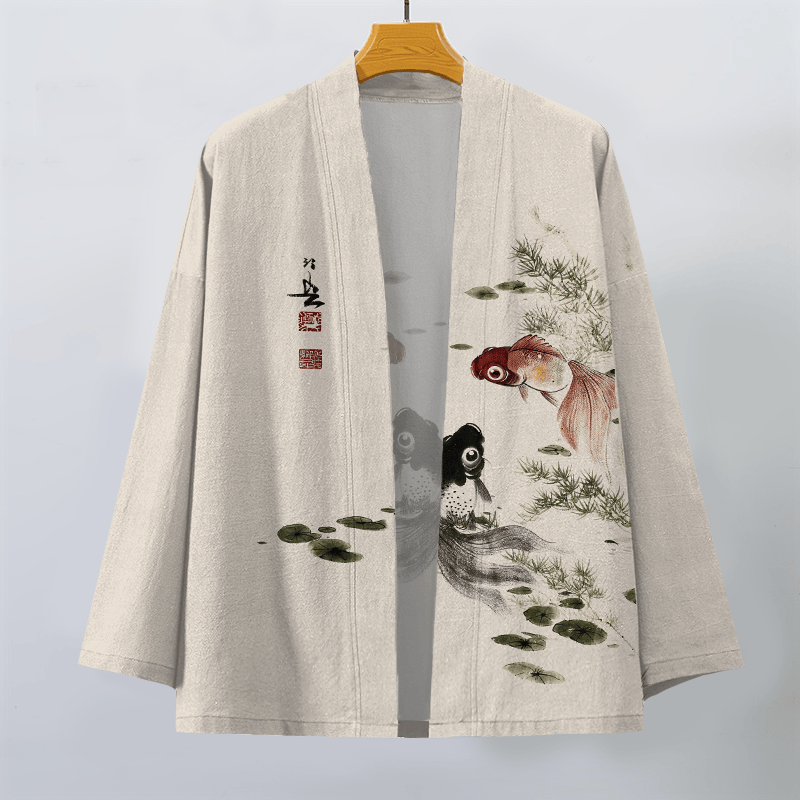 Buddha Stones Kimono da uomo in cotone rosso e nero con motivo koi e loto, aperto sul davanti. - image 1