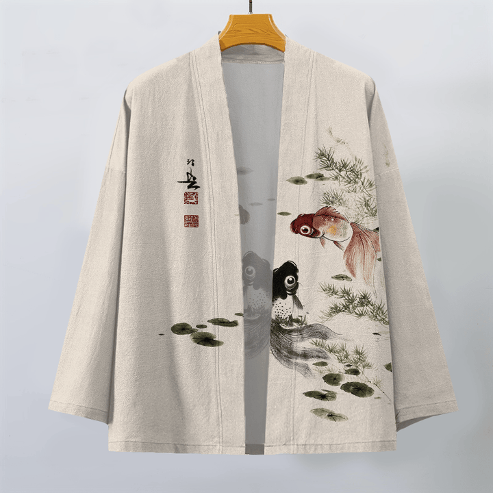 Buddha Stones Kimono da uomo in cotone rosso e nero con motivo koi e loto, aperto sul davanti. - image 1