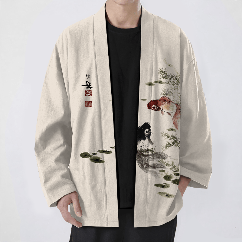 Buddha Stones Kimono da uomo in cotone rosso e nero con motivo koi e loto, aperto sul davanti. - Beige - US/UK/AU48, EU58 (4XL) - image 0