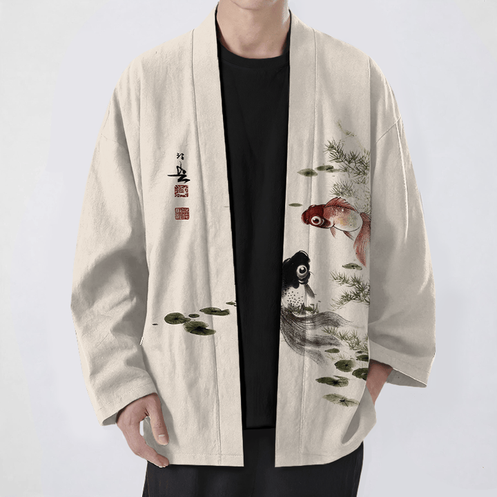 Buddha Stones Kimono da uomo in cotone rosso e nero con motivo koi e loto, aperto sul davanti. - Beige - US/UK/AU48, EU58 (4XL) - image 0