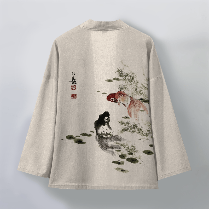 Buddha Stones Kimono da uomo in cotone rosso e nero con motivo koi e loto, aperto sul davanti. - image 2