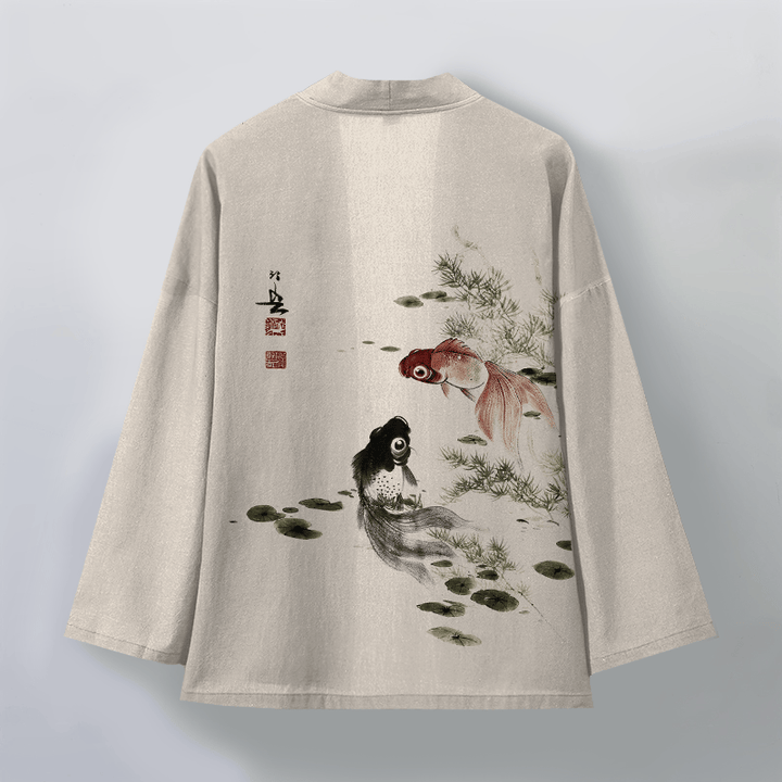 Buddha Stones Kimono da uomo in cotone rosso e nero con motivo koi e loto, aperto sul davanti. - image 2