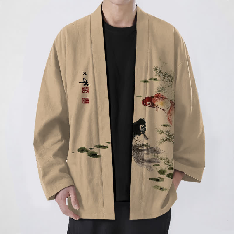 Buddha Stones Kimono da uomo in cotone rosso e nero con motivo koi e loto, aperto sul davanti. - Tan - US/UK/AU48, EU58 (4XL) - image 6