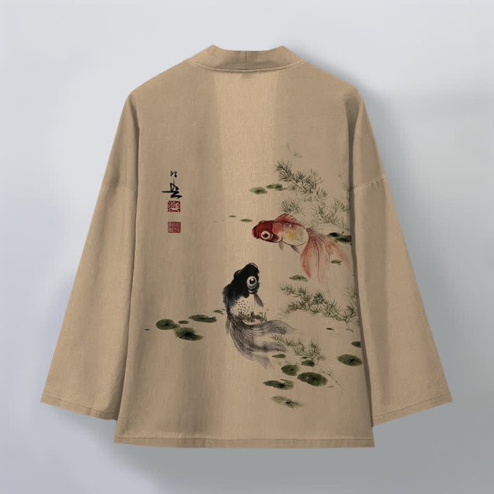 Buddha Stones Kimono da uomo in cotone rosso e nero con motivo koi e loto, aperto sul davanti. - image 8
