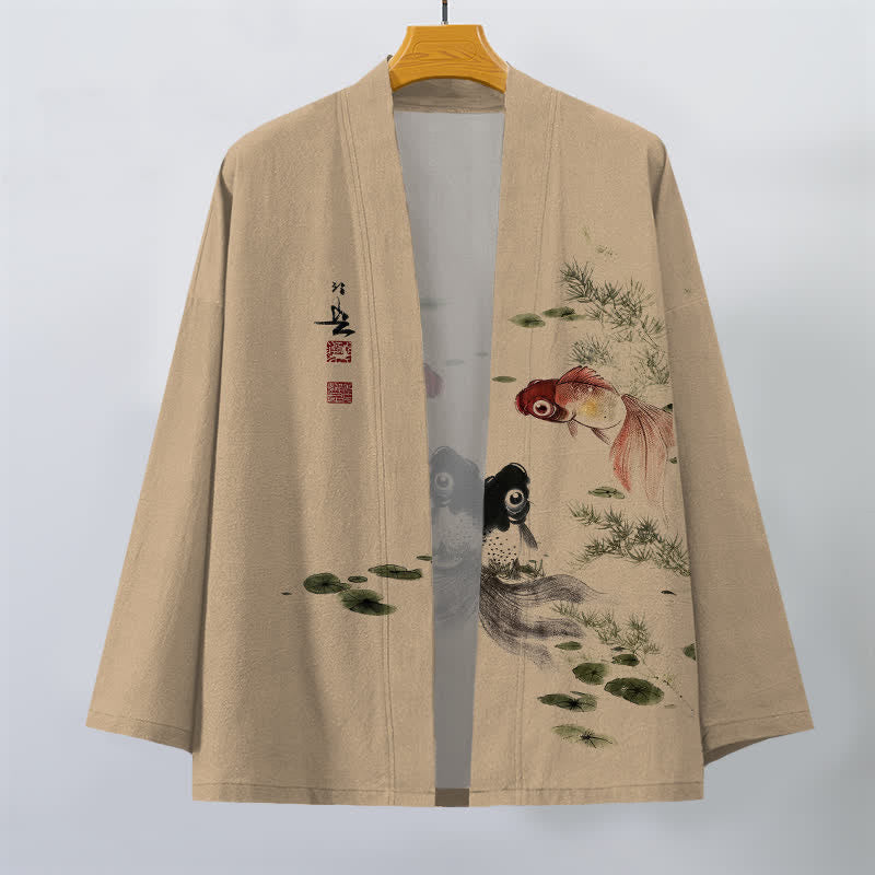 Buddha Stones Kimono da uomo in cotone rosso e nero con motivo koi e loto, aperto sul davanti. - image 7