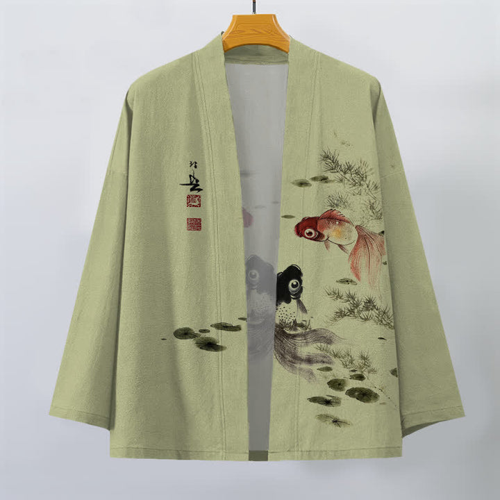 Buddha Stones Kimono da uomo in cotone rosso e nero con motivo koi e loto, aperto sul davanti. - image 10
