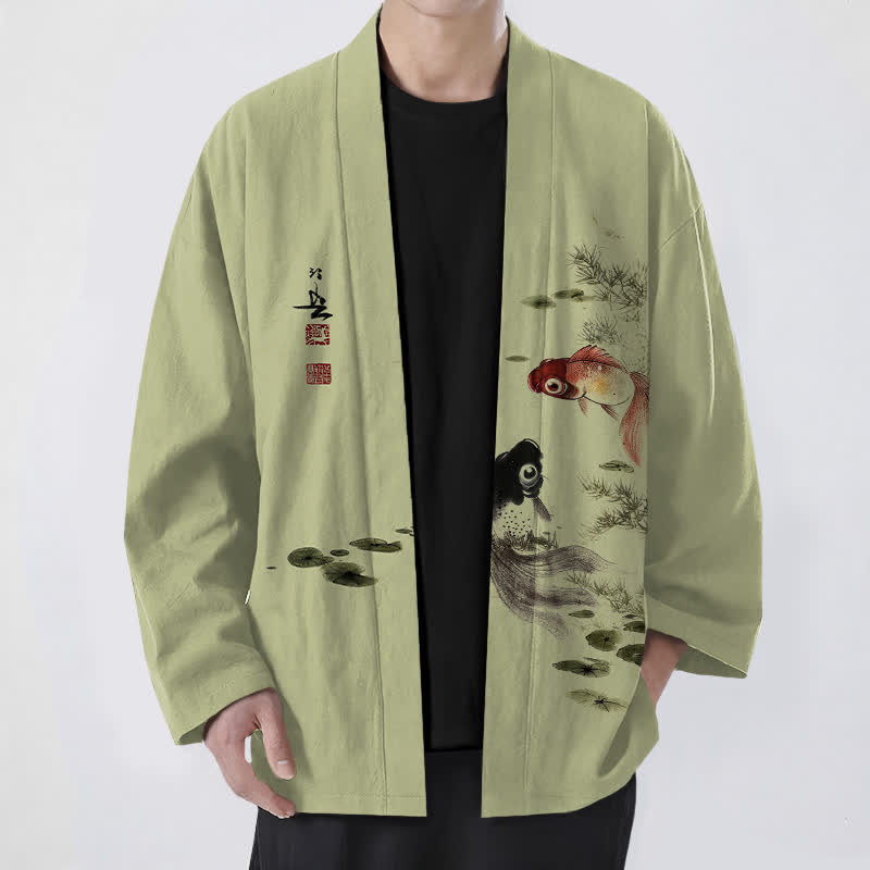 Buddha Stones Kimono da uomo in cotone rosso e nero con motivo koi e loto, aperto sul davanti. - GialloVerde - US/UK/AU48, EU58 (4XL) - image 9
