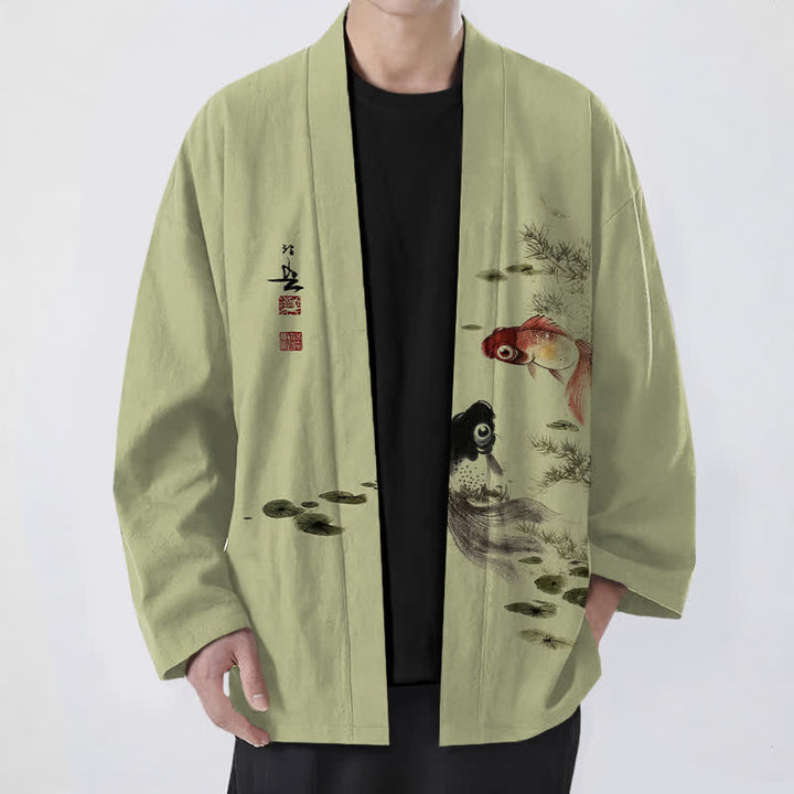 Buddha Stones Kimono da uomo in cotone rosso e nero con motivo koi e loto, aperto sul davanti. - GialloVerde - US/UK/AU48, EU58 (4XL) - image 9