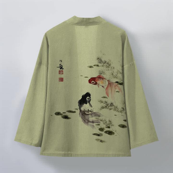 Buddha Stones Kimono da uomo in cotone rosso e nero con motivo koi e loto, aperto sul davanti. - image 11