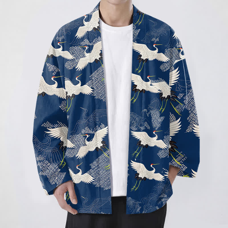 Buddha Stones Kimono da uomo in cotone bianco con motivo a onde e apertura frontale, con stampa gru. - Marina - US/UK/AU48, EU58 (4XL) - image 0