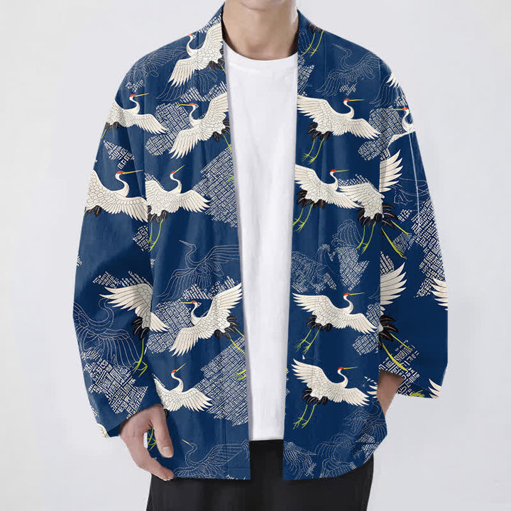 Buddha Stones Kimono da uomo in cotone bianco con motivo a onde e apertura frontale, con stampa gru. - Marina - US/UK/AU48, EU58 (4XL) - image 0