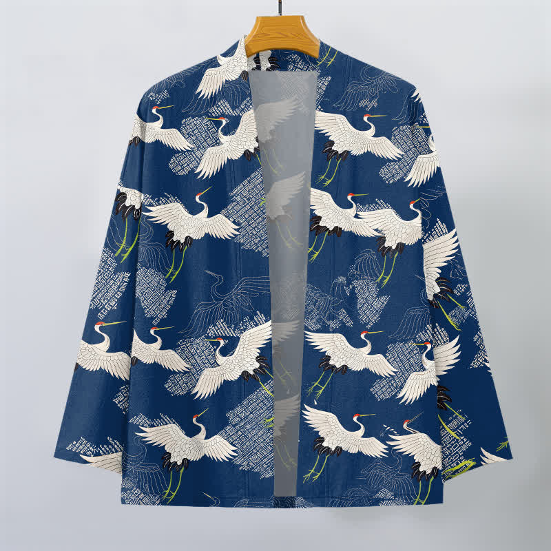 Buddha Stones Kimono da uomo in cotone bianco con motivo a onde e apertura frontale, con stampa gru. - image 1
