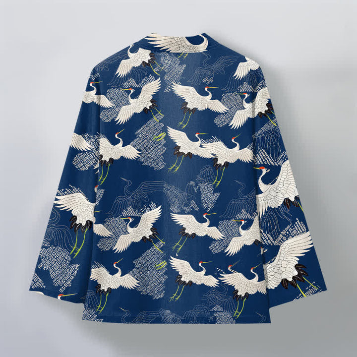 Buddha Stones Kimono da uomo in cotone bianco con motivo a onde e apertura frontale, con stampa gru. - image 2
