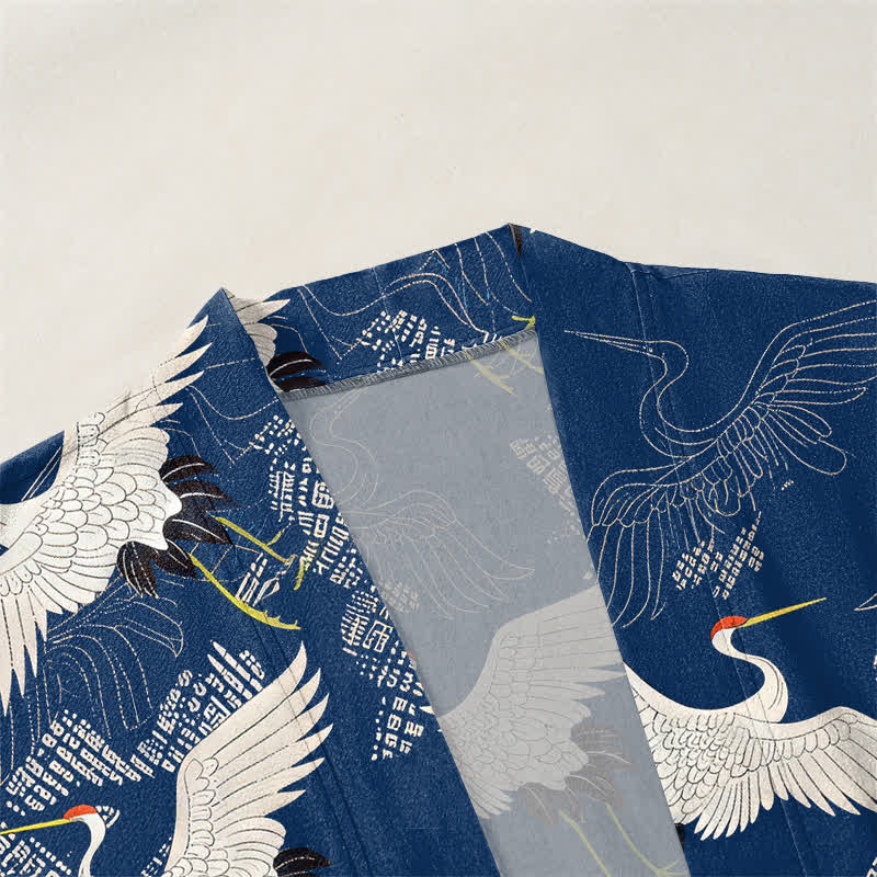 Buddha Stones Kimono da uomo in cotone bianco con motivo a onde e apertura frontale, con stampa gru. - image 3