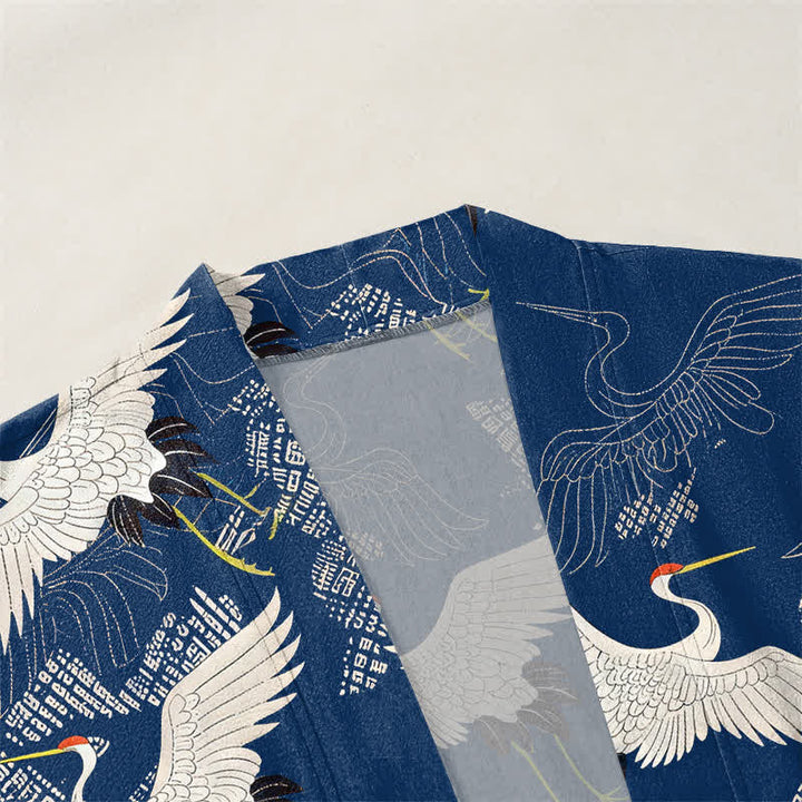 Buddha Stones Kimono da uomo in cotone bianco con motivo a onde e apertura frontale, con stampa gru. - image 3