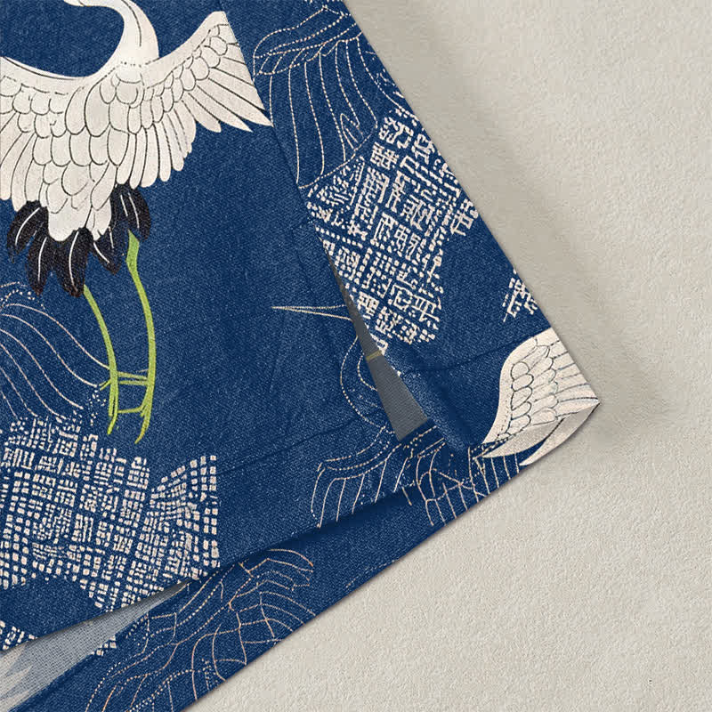 Buddha Stones Kimono da uomo in cotone bianco con motivo a onde e apertura frontale, con stampa gru. - image 4