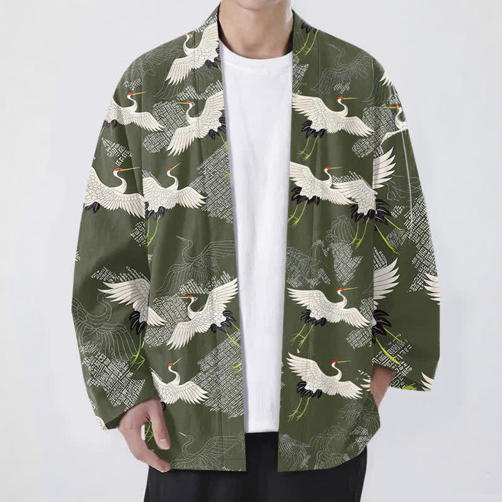 Buddha Stones Kimono da uomo in cotone bianco con motivo a onde e apertura frontale, con stampa gru. - Verde oliva - US/UK/AU48, EU58 (4XL) - image 6