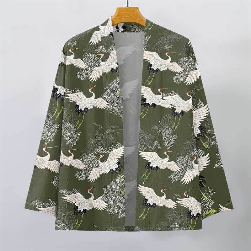 Buddha Stones Kimono da uomo in cotone bianco con motivo a onde e apertura frontale, con stampa gru. - image 7