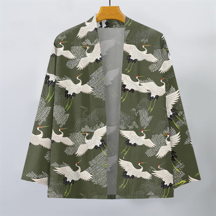 Buddha Stones Kimono da uomo in cotone bianco con motivo a onde e apertura frontale, con stampa gru. - image 7