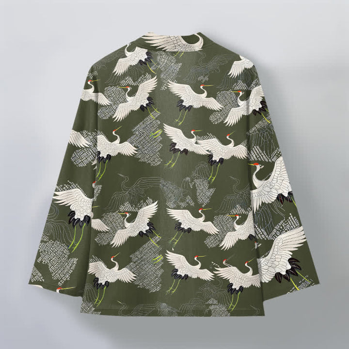 Buddha Stones Kimono da uomo in cotone bianco con motivo a onde e apertura frontale, con stampa gru. - image 8